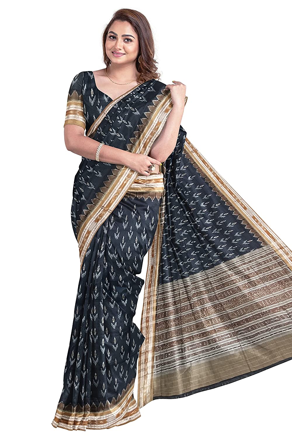 ODISHA HANDLOOM Women's Sambalpuri Cotton Saree with Blouse Piece (bk bw bb, Black) - OdiaDeals