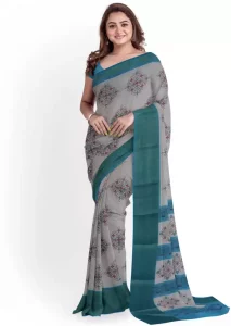 RITAM Printed Sambalpuri Cotton Blend Saree (Grey, Blue)