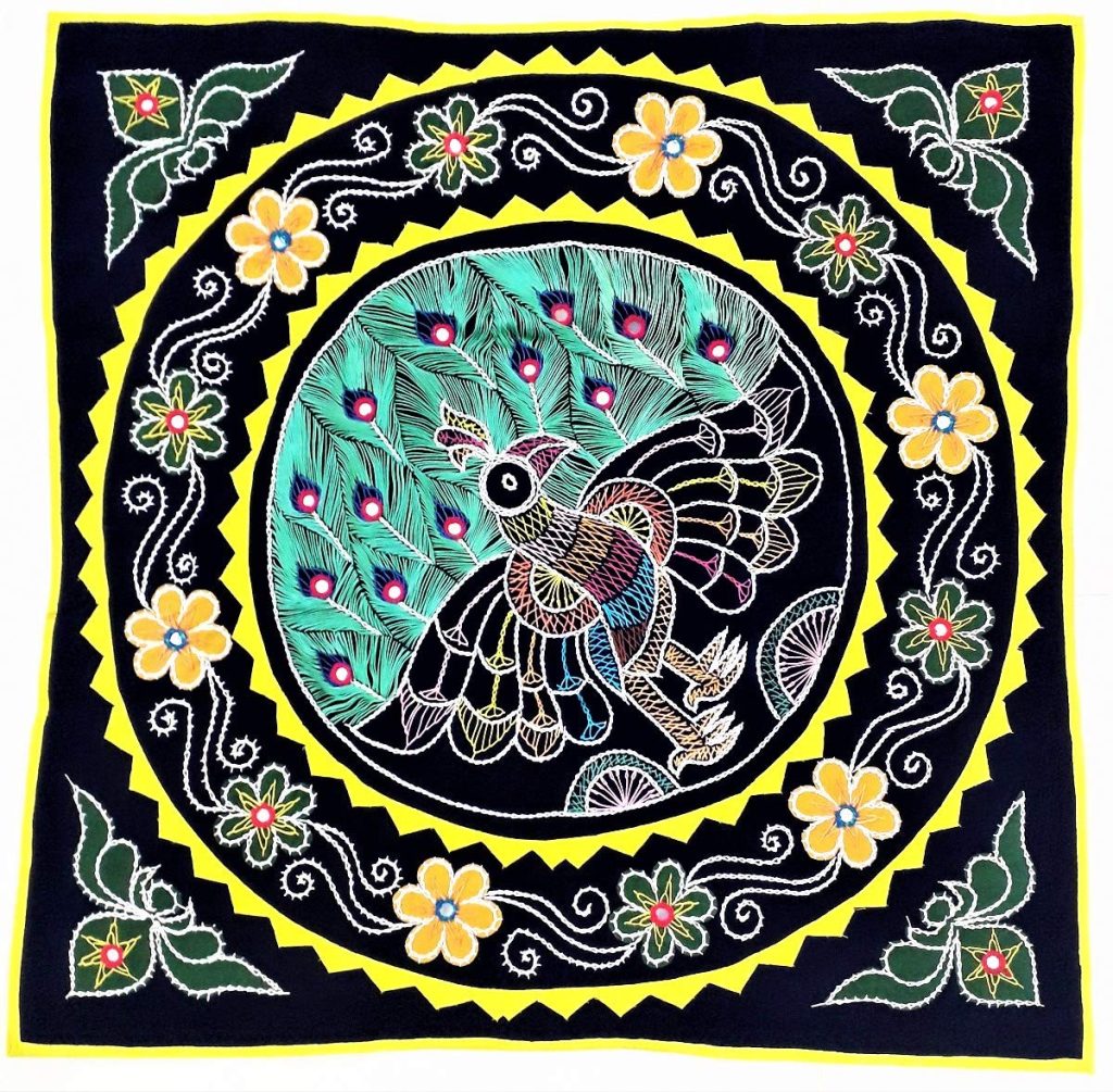 Karukrutiz Handcrafted Pipili Dark Blue Velvet Applique with Peacock & Flower Motifs & Designs Ethnic Tapestry (27 inch)