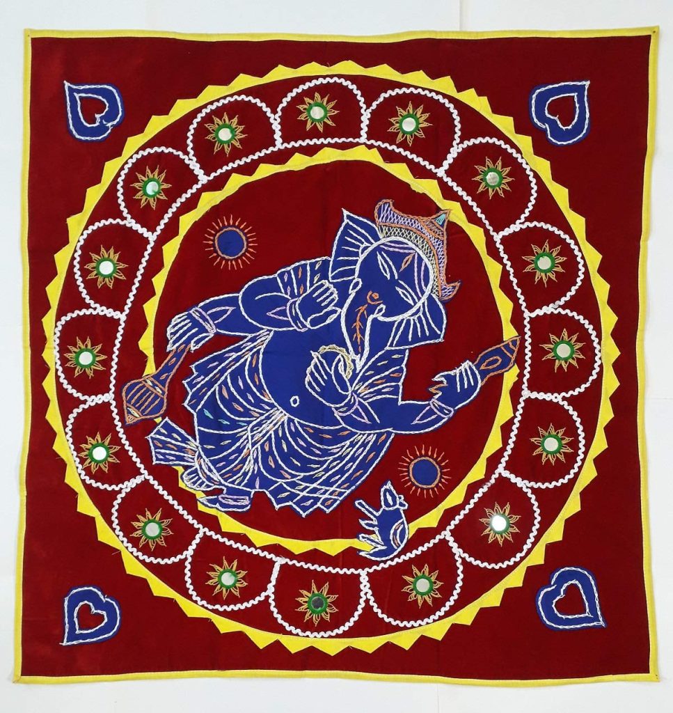 Karukrutiz Handcrafted Pipili Ganesha in Red Velvet Applique with Motif Designs Ethnic Tapestry (27 inch)