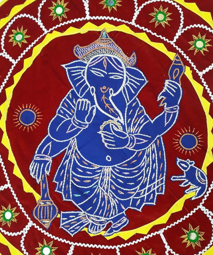 Karukrutiz Handcrafted Pipili Ganesha in Red Velvet Applique with Motif Designs Ethnic Tapestry (27 inch)
