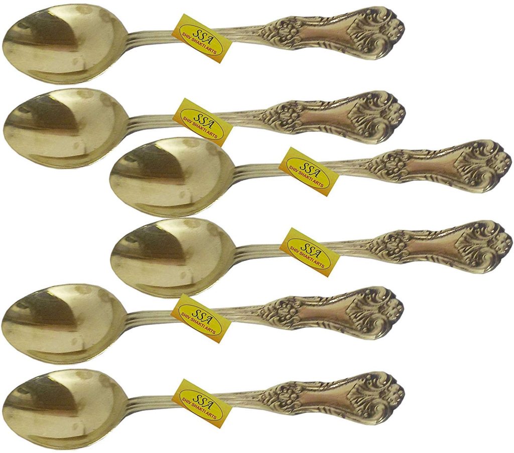 SHIV SHAKTI ARTS Handmade Pure Brass Designer Spoons Length for Diwali Gift -7 inch, Diwali Gifting Item::Set of 6